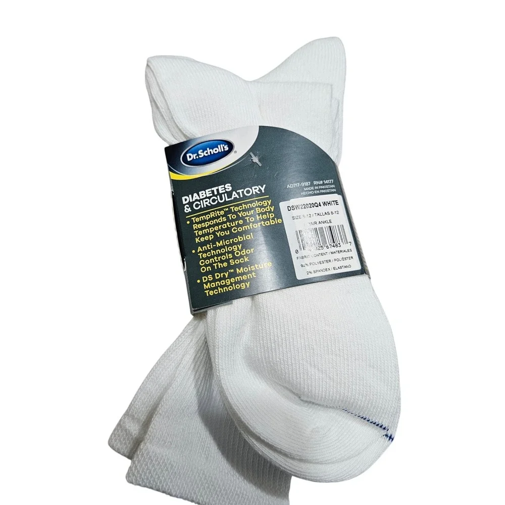 Dr. Scholl's Ankle Socks Womens 8-12 White Diabetes Circulatory 4 Pair Pack New